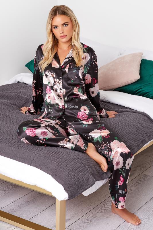 Petite Black Floral Satin Pyjama Set | PixieGirl 4