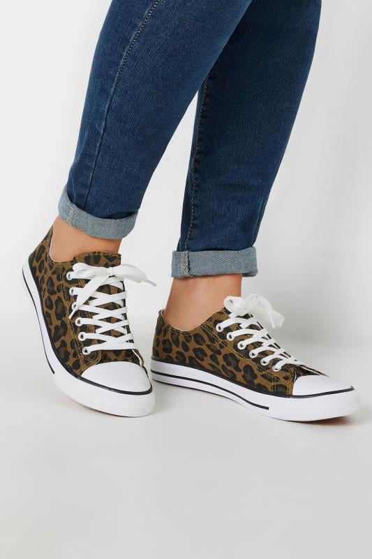 Plus Size  Brown Leopard Print Canvas Low Trainers In Wide E Fit