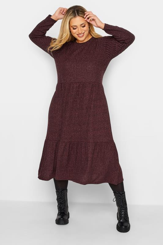  Grande Taille YOURS Curve Burgundy Red Ribbed Midi Dress