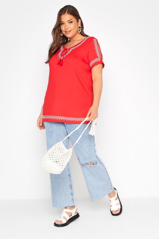 Plus Size Red Aztec Embroidered Cold Shoulder Top | Yours Clothing 2