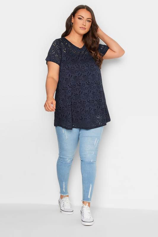 YOURS Curve Plus Size Navy Blue Broderie Swing T-Shirt | Yours Clothing  2