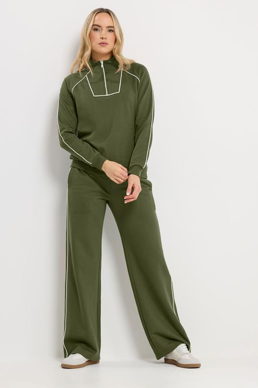 LTS Tall Women's Khaki Green Cotton Pipe Quarter Zip Sweatshirt & Wide Leg Trousers Set 1