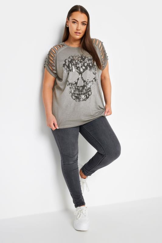 YOURS Curve Grey Skull Print T-Shirt | Yours Clothing 2