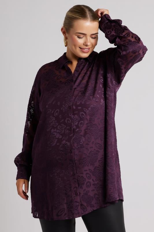 YOURS LONDON Plus Size Purple Burnout Floral Shirt | Yours Clothing  1