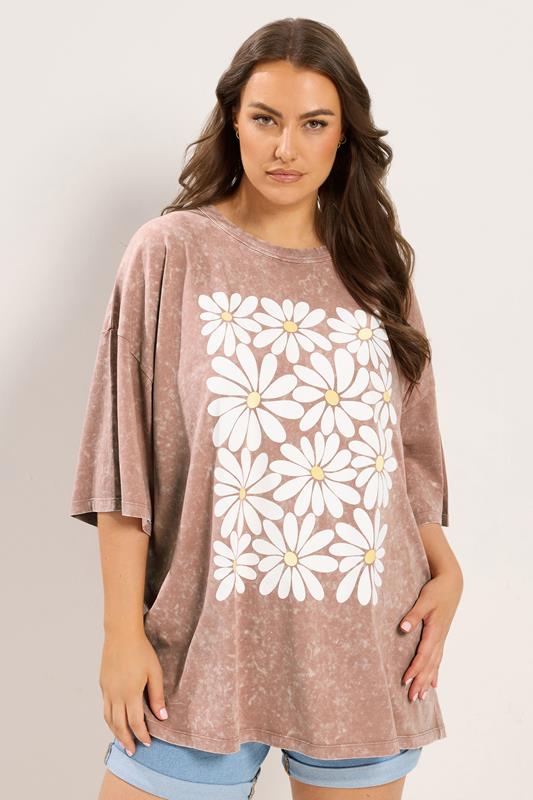 YOURS Plus Size Pink Acid Wash Boxy Daisy Print T-Shirt | Yours Clothing 1
