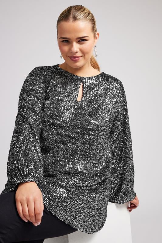  YOURS LONDON Curve Silver Sequin Keyhole Top