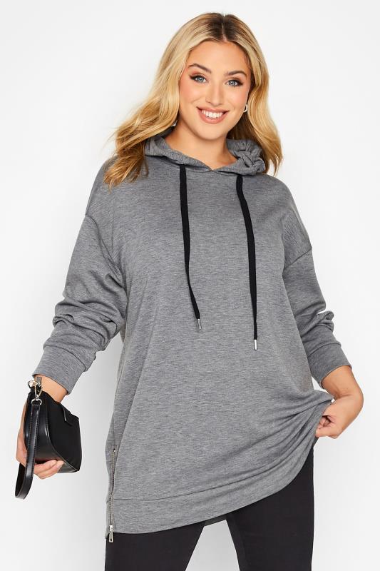 Plus Size Grey Marl Side Zip Hoodie | Yours Clothing 1