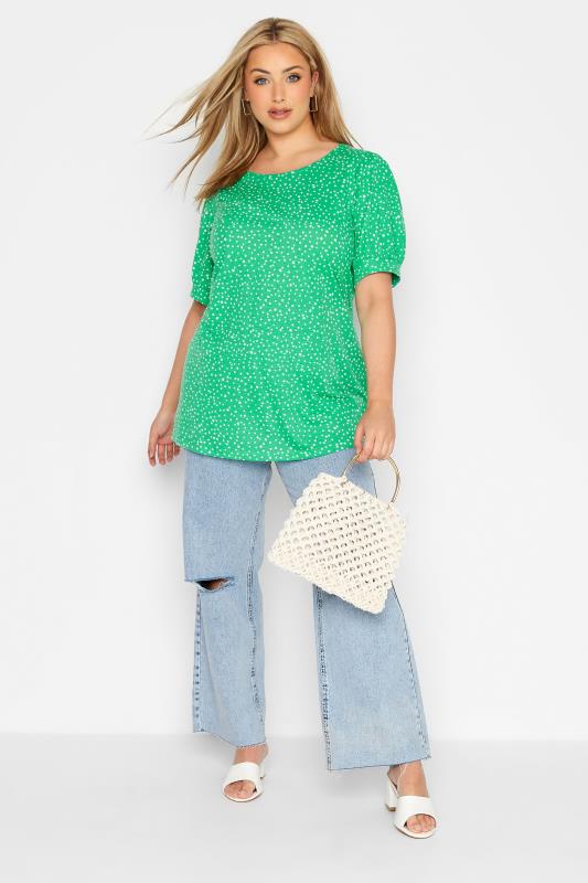 Plus Size Green Spot Print Puff Sleeve T-Shirt | Yours Clothing 2
