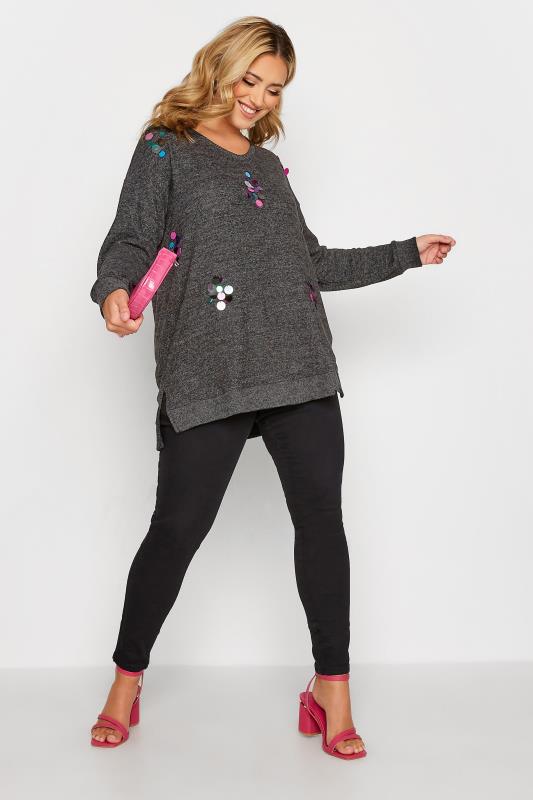 Curve Dark Grey Embellished Long Sleeve Knitted Top 2