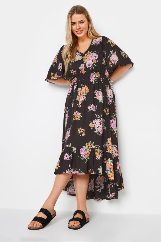 YOURS Plus Size Black Floral Print High Low Midi Dress | Yours Clothing 2