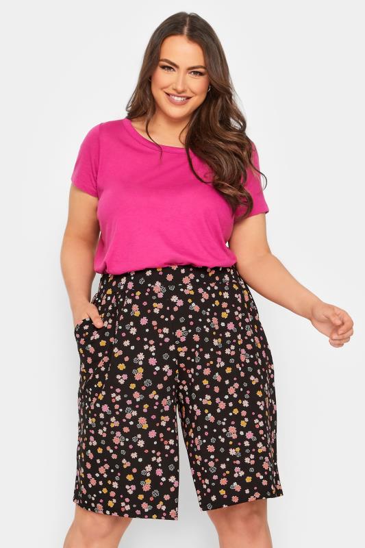 Plus Size  YOURS Curve Black & Pink Ditsy Floral Print Jersey Shorts