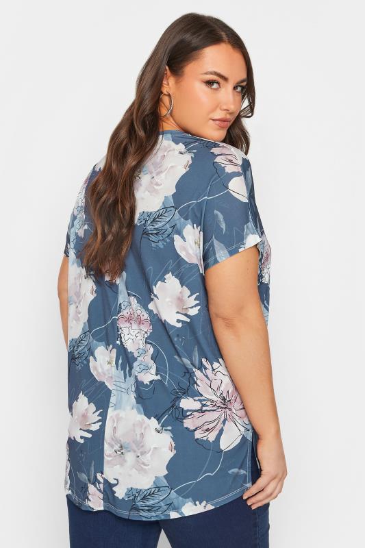 YOURS Curve Plus Size Dark Blue Floral Print T-Shirt | Yours Clothing  3