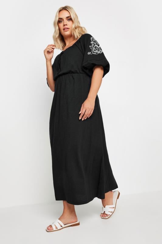 YOURS Plus Size Black Embroidered Puff Sleeve Maxi Dress | Yours Clothing 4