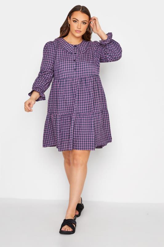 Großen Größen  LIMITED COLLECTION Curve Purple Gingham Smock Shirt Dress