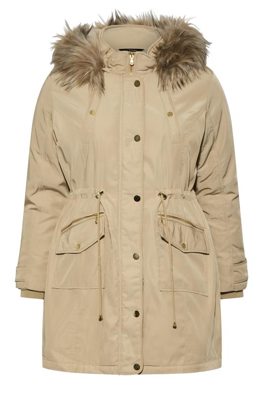 Plus Size Natural Brown Plush Fur Trim Parka Coat | Yours Clothing 6