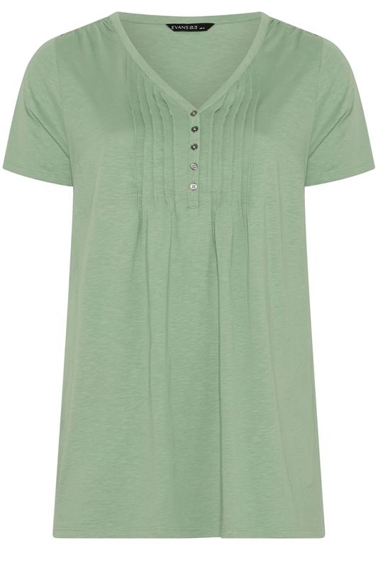 EVANS Plus Size Sage Green Short Sleeve Cotton Henley Top | Evans 5