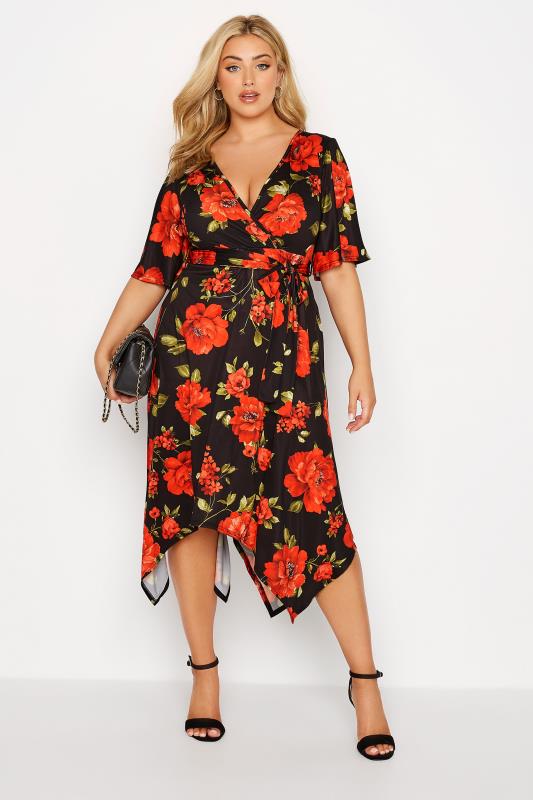 YOURS LONDON Plus Size Black & Red Floral Hanky Hem Dress | Yours Clothing 1