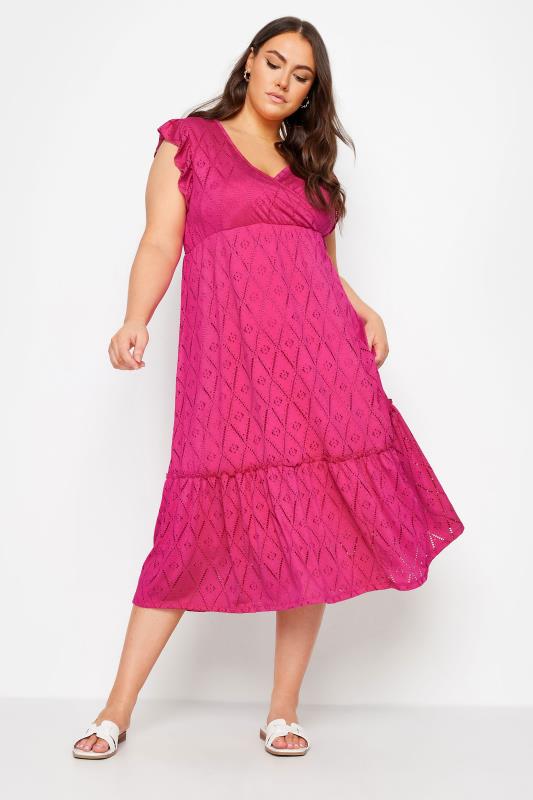 YOURS Plus Size Pink Broderie Anglaise Midaxi Dress | Yours Clothing 1