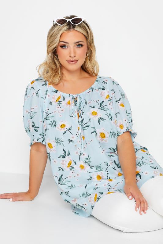 YOURS Plus Size Light Blue Floral Print Gypsy Top | Yours Clothing 4