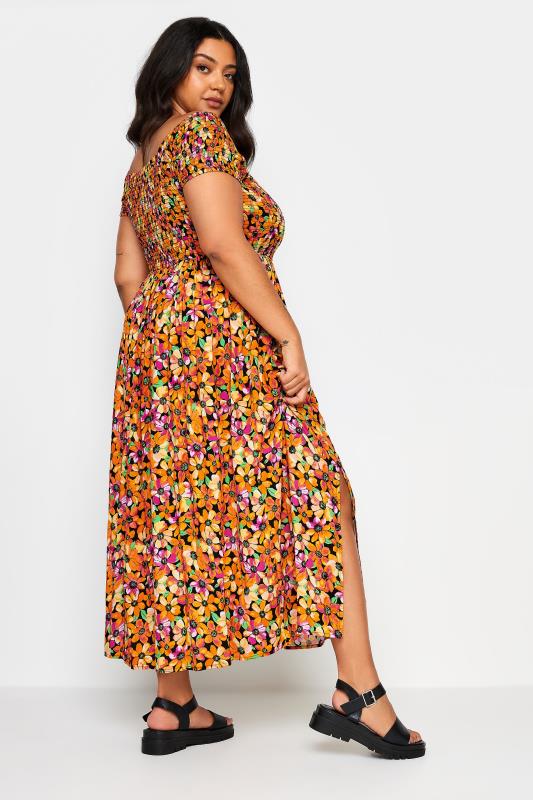 YOURS Plus Size Orange Ditsy Floral Print Shirred Bardot Maxi Dress | Yours Clothing 4