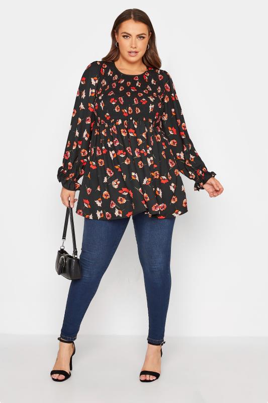 LIMITED COLLECTION Curve Black Floral Shirred Peplum Top_B.jpg