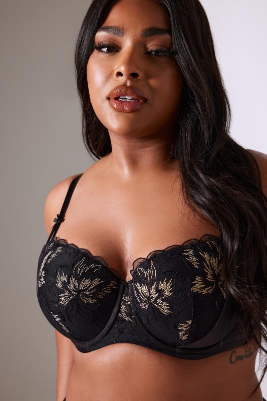 Plus Size  YOURS Curve Black Lace Embroidered Padded Balcony Bra