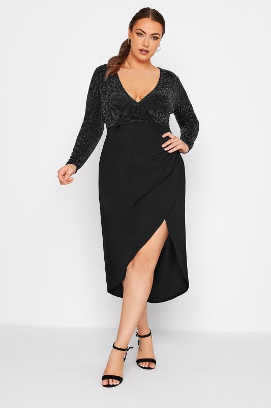 LIMITED COLLECTION Plus Size Black Multicolour Glitter Bodycon Wrap Dress | Yours Clothing 1