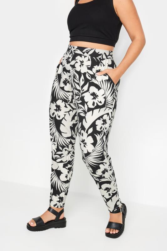 YOURS Plus Size Black & White Tropical Print Harem Trousers | Yours Clothing  1