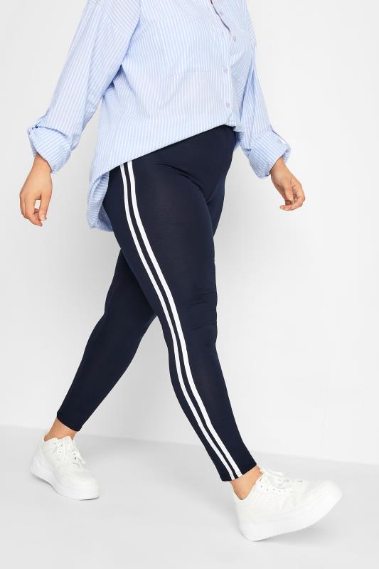 Navy Blue Side Stripe Leggings | Yours Clothing 1