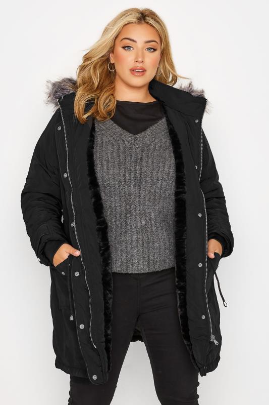 Plus Size  Curve Black Plush Fur Trim Parka Coat