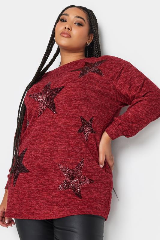 YOURS LUXURY Plus Size Red Sequin Star Print Jumper | Yours Clothing 4
