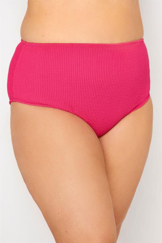 Curve Hot Pink Textured High Waisted Bikini Briefs 1