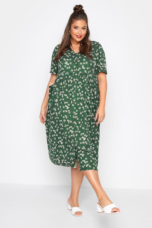 LIMITED COLLECTION Plus Size Green Floral Drop Pocket Smock Dress | Yours Clothing  1
