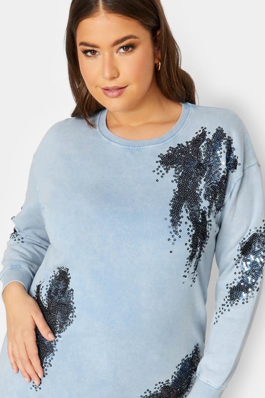 YOURS LUXURY Plus Size Light Blue Acid Wash Sequin Sweatshirt | Yours Clothing  4