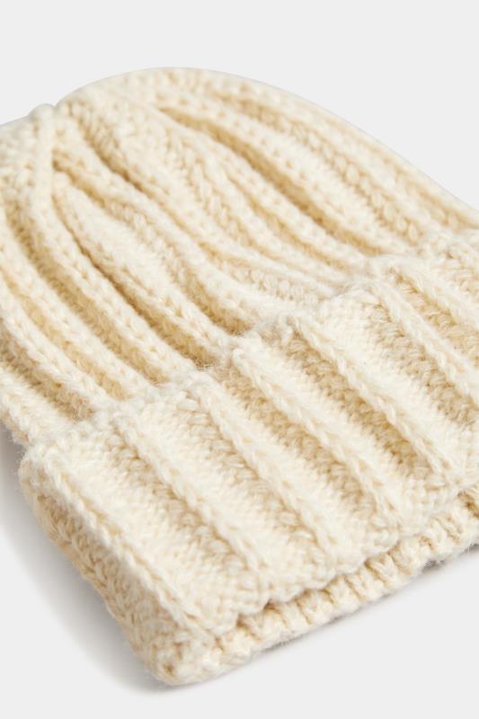 Cream Ribbed Knitted Beanie Hat | Yours Clothing 3