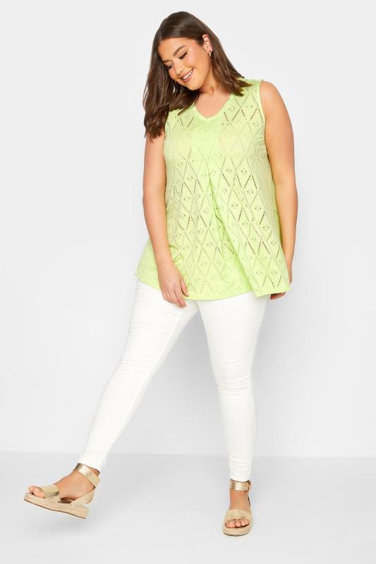 YOURS Plus Size Lime Green Broderie Anglaise Swing Vest Top | Yours Clothing 2