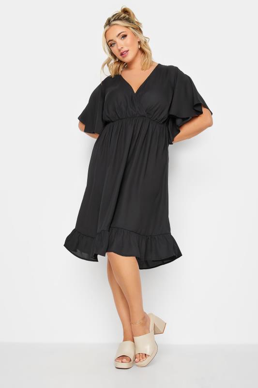 LIMITED COLLECTION Plus Size Black Frill Sleeve Wrap Tunic Dress | Yours Clothing 2