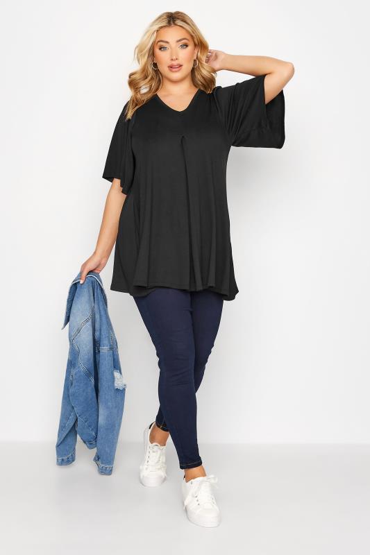 Plus Size Black Pleat Angel Sleeve Swing Top | Yours Clothing 3