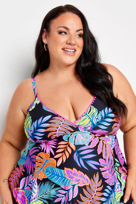 YOURS Plus Size Black Tropical Print Tummy Control Swimdress | Yours Clothing 6