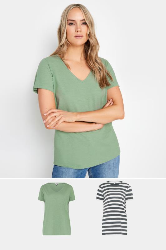 LTS Tall 2 PACK Green & Grey Stripe T-Shirt | Long Tall Sally 1