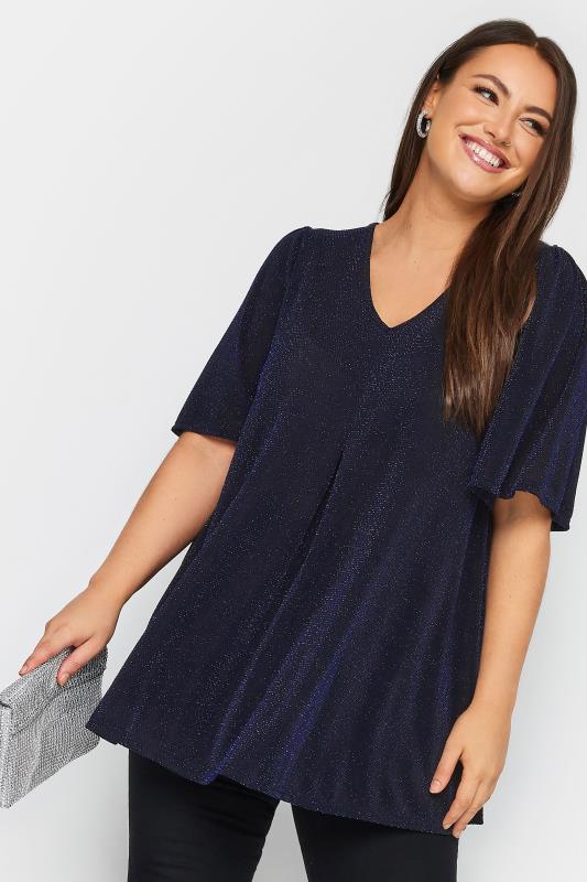 YOURS Plus Size Black & Blue Glitter Pleated Swing Top | Yours Clothing 1