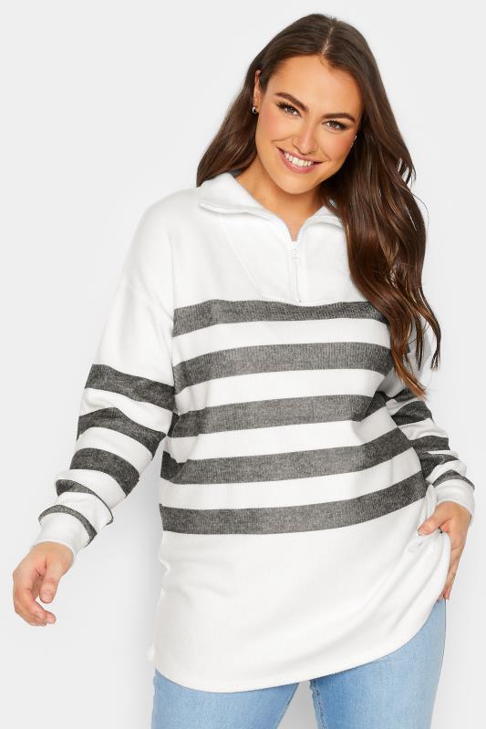 YOURS Plus Size White Stripe Quarter Zip Soft Touch Top | Yours Clothing 1
