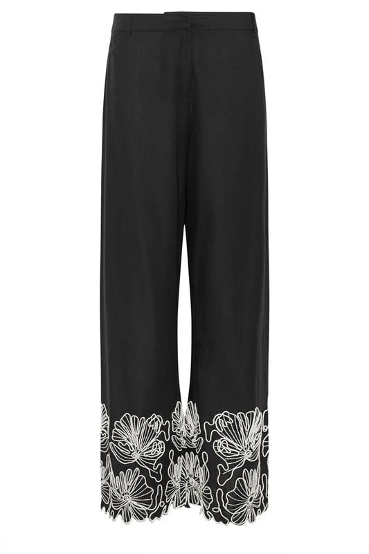 LTS Tall Women's Black Floral Embroidered Linen Wide Leg Trousers | Long Tall Sally 6