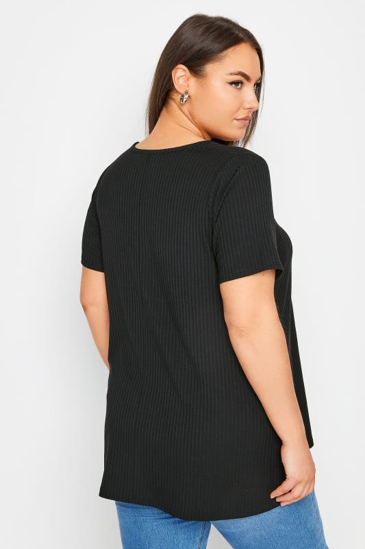 YOURS Plus Size Black Button Front Ribbed Swing Top | Yours Clothing 3