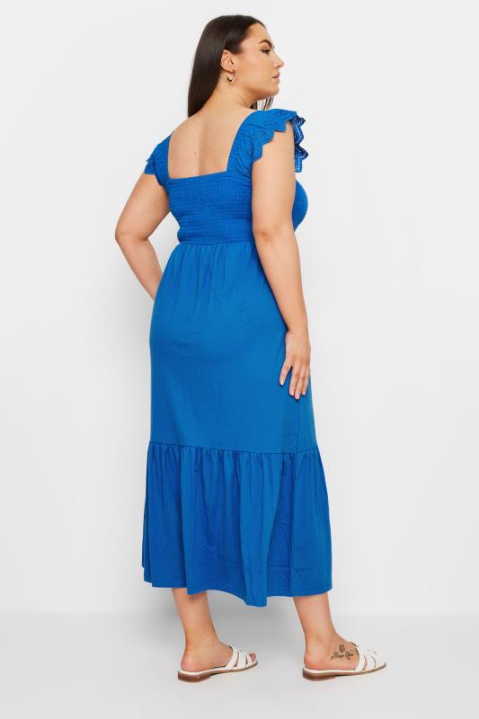 YOURS Plus Size Blue Frill Sleeve Shirred Midaxi Dress | Yours Clothing 3