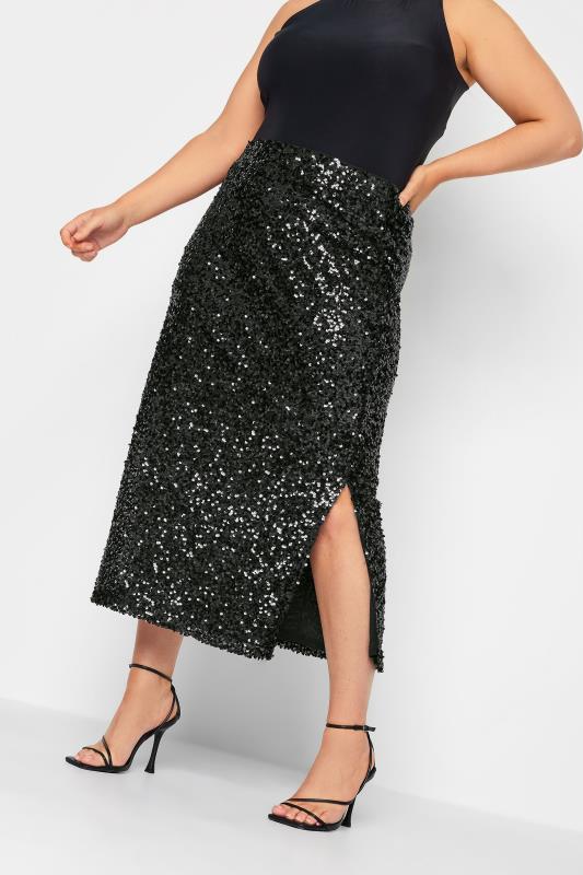 YOURS LONDON Plus Size Black Sequin Embellished Maxi Tube Skirt | Yours Clothing 1