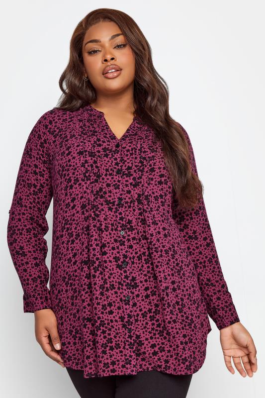 Plus Size  YOURS Curve Dark Pink Floral Pintuck Shirt