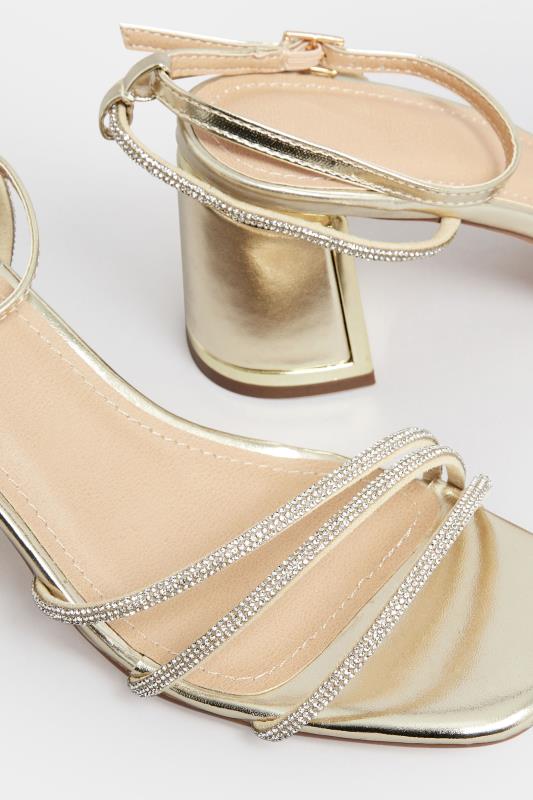 PixieGirl Gold Diamante Strap Mid Block Heel Sandals In Standard Fit | PixieGirl 5