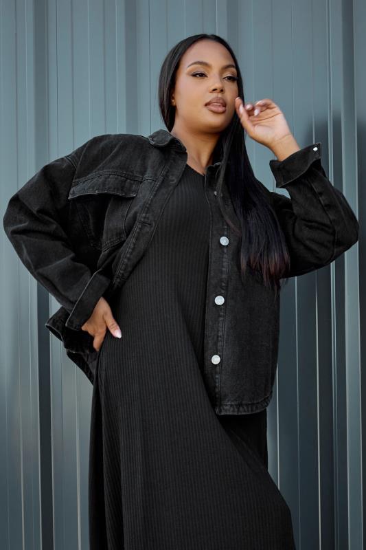 YOURS Plus Size Black Quilted Denim Shacket | Yours Clothing 2