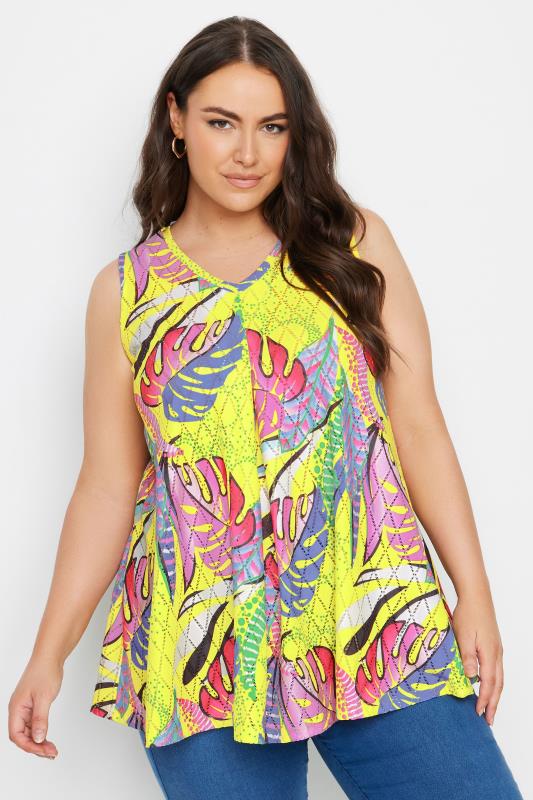 YOURS Plus Size Yellow Leaf Print Vest Top | Yours Clothing 1